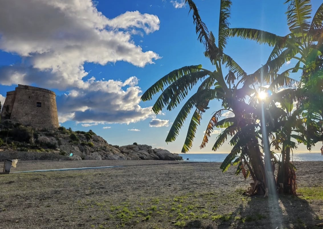 La playa del Tesorillo con la torre vigía y las plataneras